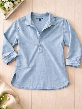 Light Wash Lightweight Cotton Denim Shirt with 3/4 Sleeves Non Stretch